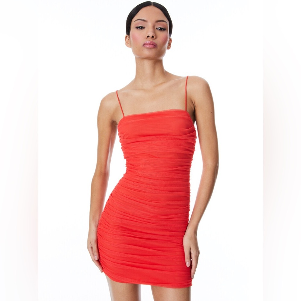 NWT- Alice + Olivia Red Cruz Ruched Strap Mini Dress. Sz 10
